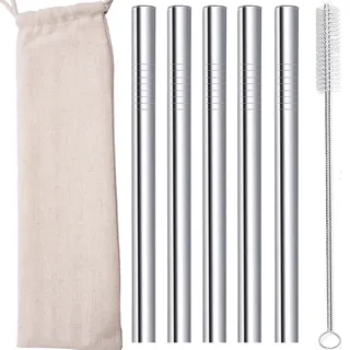Bubble Tea Strohhalme Edelstahl Strohhalm Wiederverwendbar Boba Straw Metall Smoothie Tapioka Perle Milchshake Jumbo Blasentee Strohhalme Dicke 12mm Breit mit Silikonspitzen Bürste Silber 5pcs
