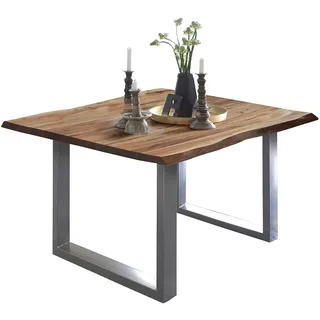 SAM Esszimmertisch 90 x 90 cm Mephisto, Baumkantentisch naturfarben, Akazienholz massiv, U-Gestell aus Metall Silber