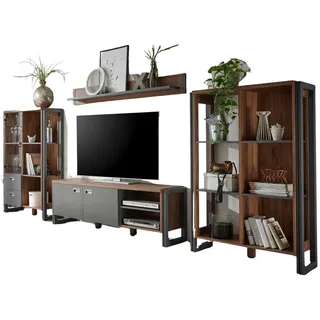 furn.design Wohnwand "Auburn" Eiche grau Schrankwand 4-teilig 356 x 170 cm, - Naturbelassen, Braun, Grau