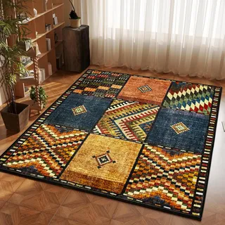 Teppich Quadratisch 120x120cm Vintage Flickenteppich Teppich Wohnzimmer Kurzflor Bunte Waschbar Rutschfest Easy Clean für Wohnzimmer, Schlafzimmer, Balkon, Auch für KüChe oder Esszimmer Geeignet.