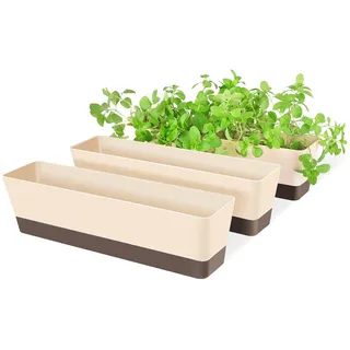 SUREAM Blumenkasten für Kräuter, 3 Stück, 40,6 x 9,5 cm, rechteckig, Sukkulenten, Kaktus, Blumentöpfe mit Untersetzer, moderner Kunststoff-Blumenbehälter für Fensterbank, Garten, Balkon, Heimbüro,