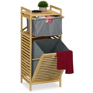Relaxdays Wäschekorb, kippbarer Wäschesammler, 30 Liter, Ablage & Schublade, Bambus, Stoff, HBT: 95x40x33 cm, Natur/grau
