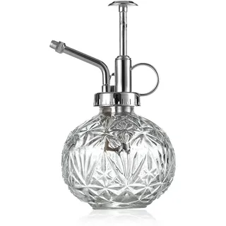 KoGiio Pflanzen Glas Sprühflasche, 240ml Retro Relief Pflanzensprüher mit Pumpe, Blumen Zerstäuber Drucksprüher für Balkon Kleiner Gartenpflanzen Indoor Haus Oder Büro Transparent + Silber Sprühkopf