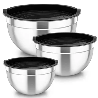 TEAMFAR Rührschüssel 3er Set, Edelstahl Schüssel Salatschüssel mit Luftdicht Deckel, Schwarz Schüsselset perfekt für Backen/Vorbereiten/Servieren, 4,5L / 2,5 L / 1,5 L, Spülmaschinenfest