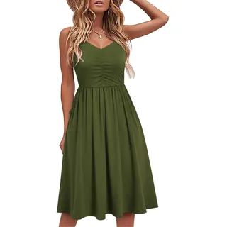 YATHON Lässige Kleider für Frauen, ärmellos, Baumwolle, Sommer, Strandkleid, A-Linie, Spaghetti-Träger, Sommerkleider mit Taschen, Yt090-army Green, Klein