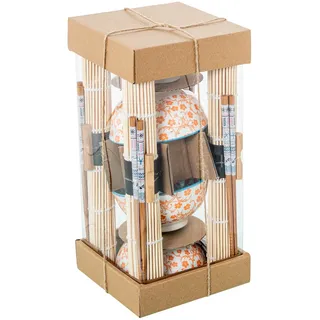 DRW Sushi-Set mit 4 Schüsseln mit Essstäbchen und Untersetzer aus Porzellan und Holz in Weiß, Orange und Natur, 12 x 12 x 6 cm