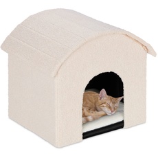 Relaxdays Katzenhöhle, faltbar, flauschig, Katzen Schlafplatz mit Kratzfläche, HBT: 44 x 48 x 41 cm, Katzenhaus, beige