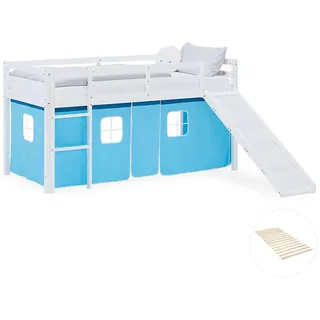 Homestyle4u Hochbett 90/200 cm in weiß Lattenrost Rutsche Bettvorhang Blau , Textil , Kiefer , 90x200 cm , Babymöbel & Kindermöbel, Kinderzimmer & Jugendzimmer, Kinderbetten, Hochbetten