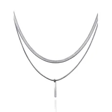 RUGGED steel Damen Edelstahl Layering Schlangenkette 2-reihige Halskette 40/45 cm + Stab-Anhänger minimalistischer Geo Mini-Charm (inkl. Schmuck-Box) (Silber)