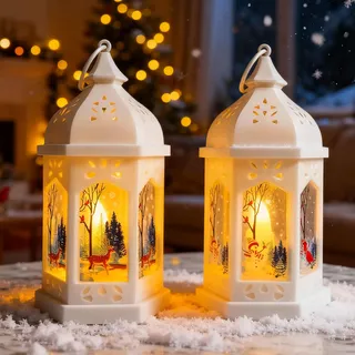 Weihnachtsdeko Laterne, 2 Stück Weihnachtslaterne mit Timer, 18cm LED Weihnachtsbeleuchtung Innen Beleuchtete Windlicht Weihnachten, Weihnachtsdekoration Innen Laterne Weihnachten Tischdeko