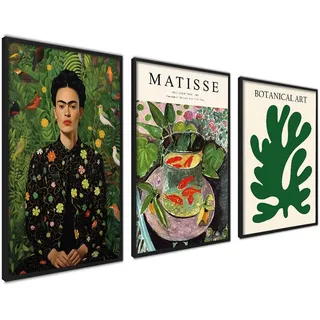 ag.art deco Moderne Poster Set | 3 Stück 50x70cm | Stilvolle Matisse Frida Botanik Grün Poster Collagen mit passenden Bilder als Wanddeko | ohne Rahmen