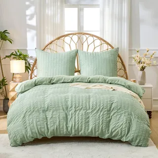 Simple&Opulence Seersucker Bettwäsche 155x220cm, Weiche Wende Bettwäsche Set aus Mikrofaser, Gestreift Muster Bettbezug und 1 Kissenbezug 80x80cm, Grün