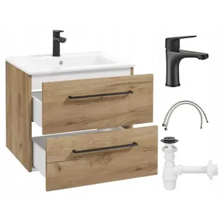 Badezimmerschrank mit Waschbecken, hängend, Craft-Eiche, 60 cm, mit Wasserhahn und Siphon Pinia - Schwarz