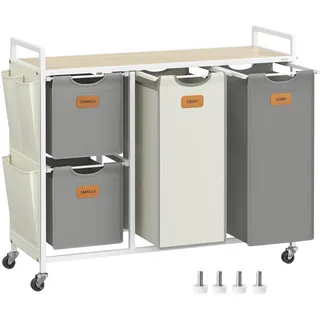 VASAGLE Wäschekorb 4 Fächer, naturbeige-taubengrau-cremeweiß