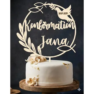 Cake Topper Taufe Kommunion Konfirmation Firmung, nachhaltig gefertigt – Größe: 15-20 cm, personalisiert mit Namen & Datum – Tortenstecker Holz – Kuchendeko mit Taube & Kranz – individuell graviert
