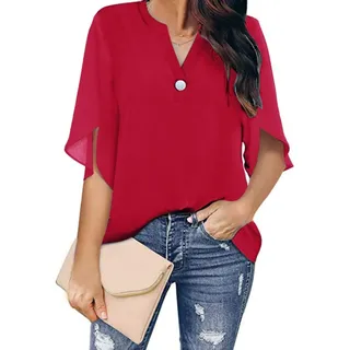 Damen Bluse Elegant, Damen Chiffonbluse Mode Schlicht Rot V-Ausschnitt Pullover Shirts Tops Lässig Locker Geschlitzt 3/4 Ärmel Button-Down-Blusen Sommer Elegante Tunika Tops T-Shirts