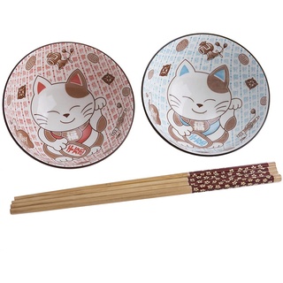 Lachineuse - 2er-Set japanischen Katze-Schalen ⌀ 11,5 cm - Maneki Neko Glückskatze - Reisschalen, Frühstück & Suppe - 2 Paar Essstäbchen - Asiatische Schale Japan Asien - Geschenk japanisches Geschirr