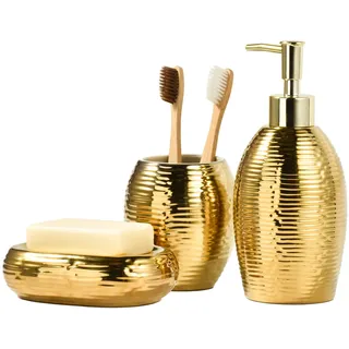 Gold Seifenspender Set, 3-teiliges Keramik Badezimmer Zubehör Set, Badezimmer Seifenschale und Luxus Cup Set(Streifen)