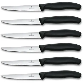 Victorinox Swiss Classic Profi Steak- und Pizzamesser-Set, 6-teilig, Tafelmesser, Wellenschliff, Scharfe Klingen, 11 cm, Robuste Kunststoffgriffe, Schwarz