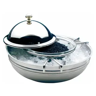 APS Kaviarkühler, Glasschale für Kaviar, Edelstahl-Eistopf, Set, Eleganter und praktischer Kühler für jeden Anlass, 1 Set = 2 Schalen, 1 Deckel, 1 Halter