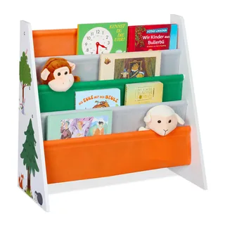 Relaxdays Bücherregal Kinder, HxBxT: 60 x 62,5 x 28 cm, 4 Stofffächer, Kinderbücherregal Waldtiere, Kinderregal, bunt