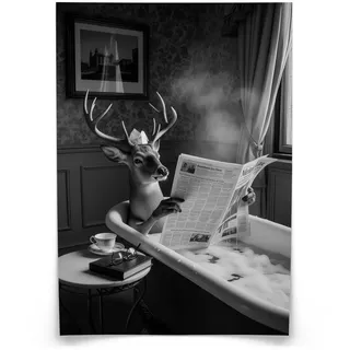 Muralo Poster für Badezimmer WC Rehe Hirsch in Badewanne Zeitung Abstraktion 20x30cm , Weiß, Grau, Schwarz , Papier , Tiere, Abstrakt , Rechteckig , 20x30x1 cm , Bilder & Rahmen, Bilder, Sonstige Wandbilder
