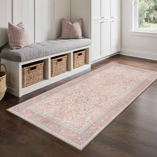 GENIMO Boho Vintage Teppich, Waschbar & rutschfest, Kurzflor Teppich für Schlafzimmer, Büro oder Esszimmer, Stilvoller Carpet, Altrosa Creme, 80x150 cm