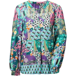 Klassische Bluse GOLDNER "Kurzgröße Patchworkbluse mit Rundhals, V-Schlitz", Damen, Gr. 19, grün (dunkelgrün, gemustert), Obermaterial: 100% Viskose CV., figurumspielend, weit Gummibündchen, Blusen Klassische Bluse, Patchmuster