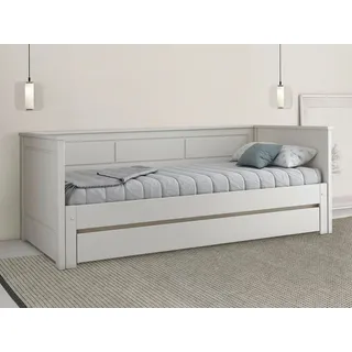 Lüttenhütt Funktionsbett »" ERIK " TOPSELLER! Daybed, Kinderbett, Massivholz (Kiefer)«, (stilvolle Kassetten - Fräsung), 2. Schlafplatz ausziehbar, moderner Landhausstil, Schublade optional, weiß