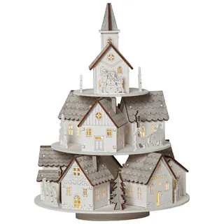 LED Weihnachtsdorf ,Grauberg', mit Spieluhr, Timer, Batterie, Holz, 29cm - Weiß, Grau