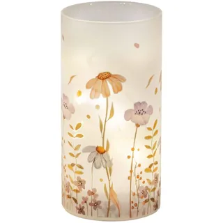 formano LED Tischlampe Deko Blumenwiese Zylinder Stimmungslicht aus Glas & Holz mit Timer, batteriebetrieben, Pastell-Peach, 18 cm - sanftes Ambientelicht für Tisch & Fensterbank