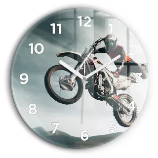 Wallfluent Große Wanduhr – Stilles Quarzuhrwerk - Uhr Dekoration Wohnzimmer Schlafzimmer Küche - Zifferblatt - weiße Zeiger - 60 cm - Motorrad im Adrenalin-Stil - Grau