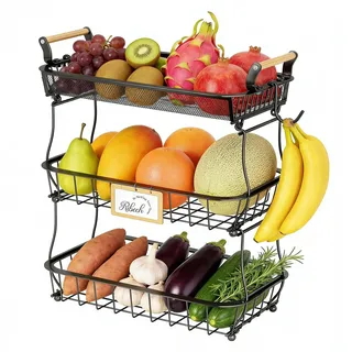 Ribech Obstkorb 3-stöckig mit 2 Bananen-Aufhängern, Metall-Draht für Küchenarbeitsplatte, Gemüseaufbewahrung, Obstständer schwarz, Großraum-Obstkorb mit Bananenhalter