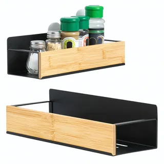 TIANLIN 2 Stück Magnetisches Gewürzregal aus Holz & Stahl – Magnetregale für Kühlschrank, Mikrowelle, Waschmaschine – Platzsparende Küchenorganisation – Schwarz