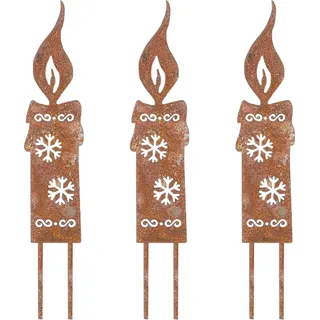 3er Set Rostige Kerzen Gartenstecker Weihnachten, Metall Wetterfest - Braun