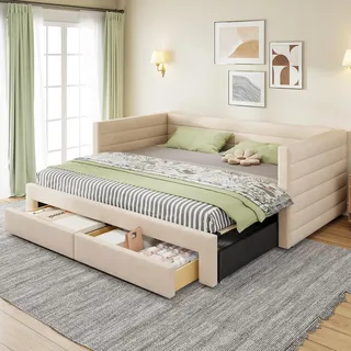 STILVORA Schlafsofa 90/180×190 mit Ausziehbett,Daybett mit 2 Schubladen unter dem Bett,Tagesbett mit Lattenrost,Baumwolle&Leinen,Beige(ohne Matratze) - Beige