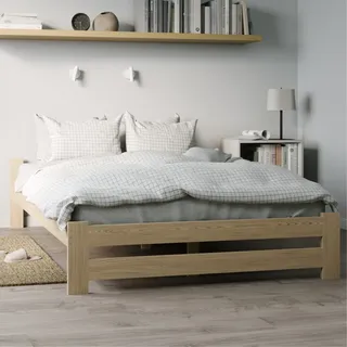 Holzbett 160x200 cm mit Lattenrost Modern Bett Bed Kiefer Massiv Bettgestell Doppelbett Massivholzbett Klassisch | Boho Landhaus Kopfteil flach natur - Naturbelassen