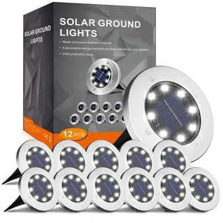 FLOWood 12 Stück Solar Bodenleuchte für Garten 8 LEDS Kaltweiß Außenleuchte Wasserdicht Gartenleuchte Edelstahl Kunststoff ampe für außen Auffahrt Gehweg Patio Garden [Energieklasse A]