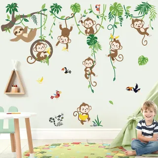 Wandsticker Affen Tiere Dschungel Reben Wandtattoo Safari Tiere Affen Baum Zweig Tropische Blätter Grüne Wandaufkleber Kinderzimmer Babyzimmer Schlafzimmer Wanddeko