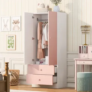 Merax Kleiderschrank mit 2 Schubladen und Kleiderstange, Kinderschrank, Farbblock-Design, Aufbewahrungsschrank für Schlafzimmer, Ankleidezimmer, Rosa - Rosa