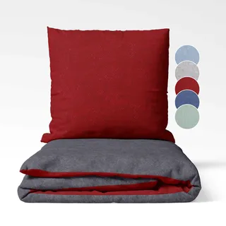 sleepling Feinbiber Bettwäsche, Winterbettwäsche 2-teiliges Set Bettbezug 135x200cm + Kissenbezug 80x80cm, Wendebettwäsche, 100% Baumwolle, Made in Germany, Oeko-TEX, Waschbar, Dunkelrot Dunkelgrau