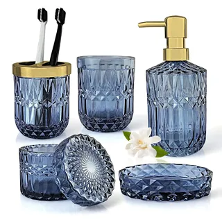 5 Stück Blaues Glas Badezimmer Zubehör Set, Glas Badezimmer Accessoires Set von Lotionspender,Seifenschale,Zahnbürstenhalter,Becher,Wattestäbchen Badezimmer Deko Set für Modernes Bad,Vintage Geschenk