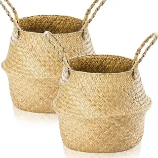 Lighterday 2 Stück Seegras Aufbewahrungskorb,Seegras Blumentopf Geflochten Übertopf Korb Wäschekorb Geflochten Pflanzkorb Geflochtener Korb für Decken Pflanze Spielzeug Lagerung (XL 36×32cm)