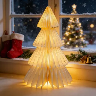 Papier Weihnachtsbaum Deko, Weihnachtsdeko Tisch mit LED Beleuchtung Warmweiß, Faltbarer Weihnachtsbaum Tischdeko 3D Papier Tannenbaum Batterie Betrieben für Zimmer Fenster Kamin