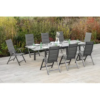 Garten-Essgruppe MERXX "Taviano", grau (anthrazit, anthrazit, grafit), Polyester, Aluminium, Polyester, Sicherheitsglas, Sitzmöbel-Sets, Garten-Essgruppe, 8 Klappsessel, 5-fach verstellbar, Ausziehtisch