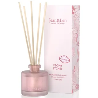 Jean & Len Aromatic Atmosphere Peony & Lychee, natürlich duftender Raumdiffusor, floraler Duft vom Parfümeur, hochwertiger Flakon, Raumduft mit Holz-Duftstäbchen, vegan, 50 ml