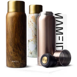 MAMEIDO Thermoskanne 1l mit Becher aus Edelstahl, Isolierkanne bis zu 12h heiß, auslaufsichere Thermosflaschen 100% BPA frei, Kaffee & Tee unterwegs (Oak Wood Gold, 1000ml)