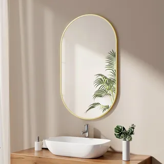 EMKE Badspiegel Oval 60 x 100 cm Spiegel mit Goldener Rahmen Wandspiegel Oval Horizontal/Vertikal Badezimmerspiegel Ovaler Spiegel Gold Dekorativer HD Wandspiegel für Badezimmer, Flur