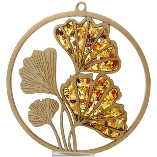 Fensterbild Fensterdeko Sonnenfänger Suncatcher Bernstein in Birkenholz Ginkgo Ø 11, inkl. Geschenkverpackung