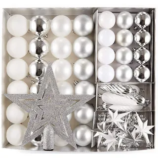 Heitmann Deco Christbaumschmuck Set 50-teilig mit Baumspitze – Weihnachtskugeln in Weiß & Silber – Bruchsicherer Kunststoff Weihnachtsschmuck zum Aufhängen